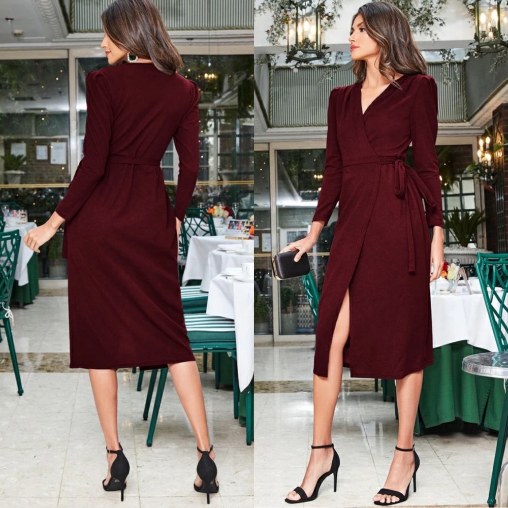 Blazer dress long sleeve wrap burgundy maroon red